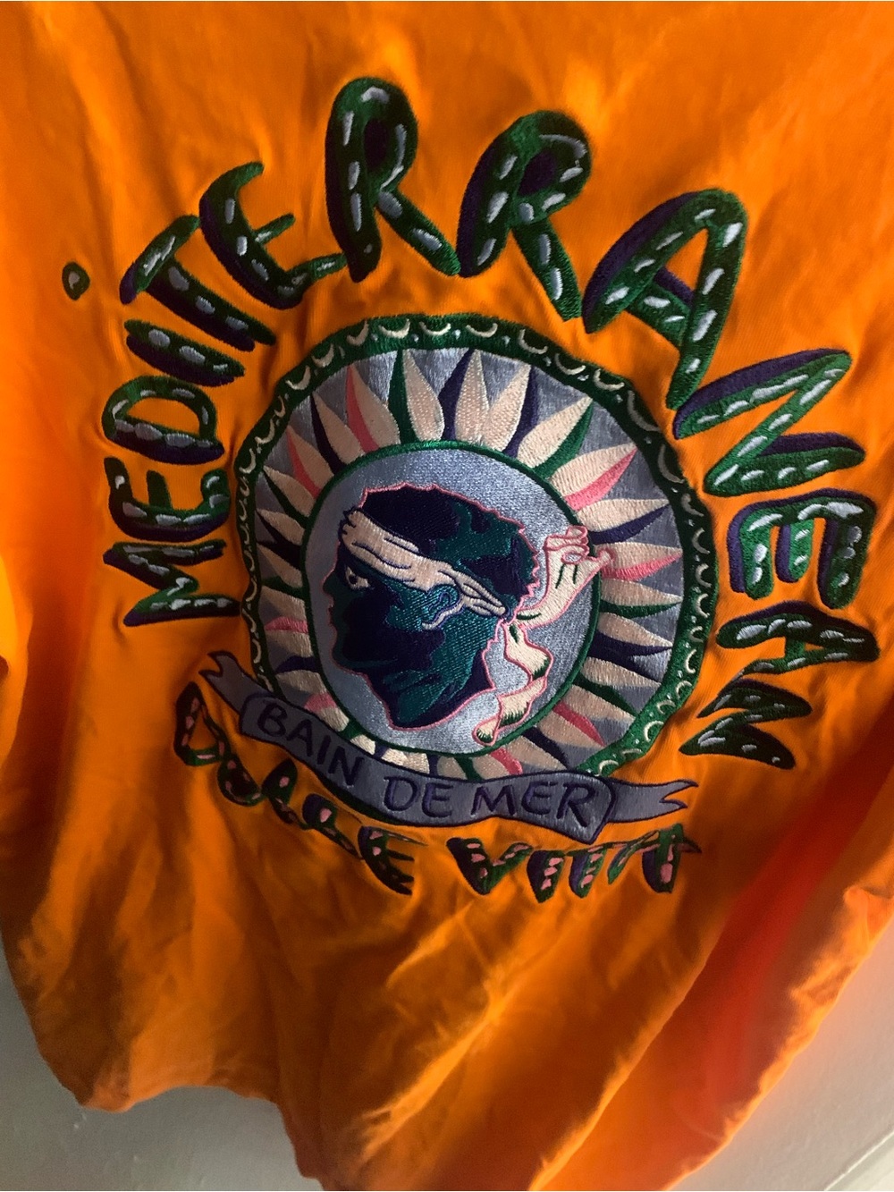 Embroidered Orange Graphic Pullover with Crest